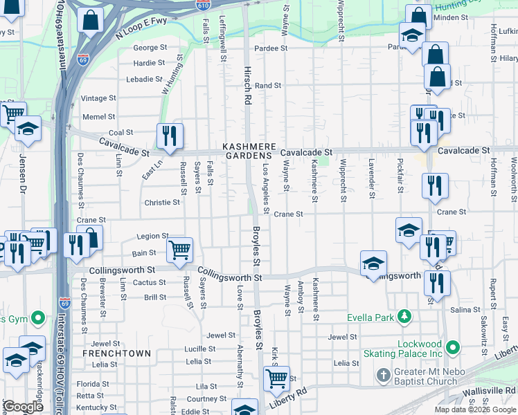 map of restaurants, bars, coffee shops, grocery stores, and more near 4217 Crane Street in Houston