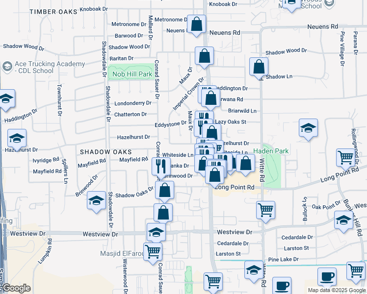 map of restaurants, bars, coffee shops, grocery stores, and more near 10135 Hazelhurst Drive in Houston