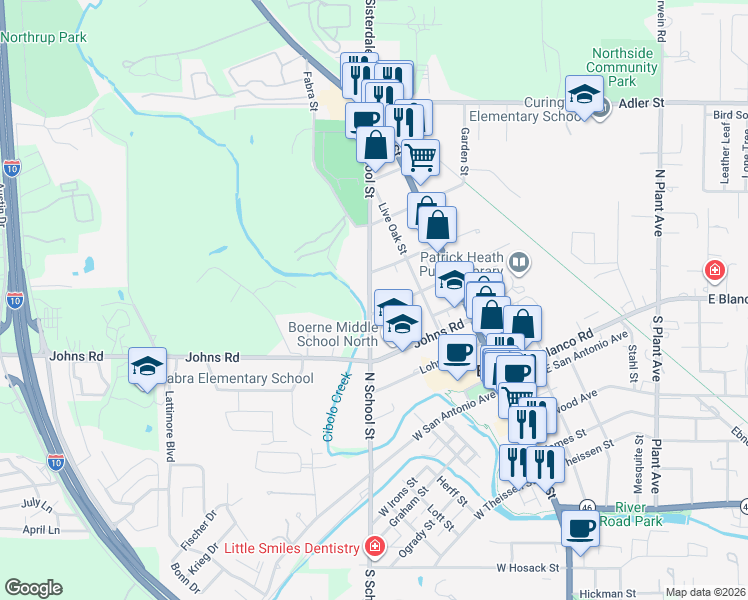 map of restaurants, bars, coffee shops, grocery stores, and more near 509 N School St in Boerne