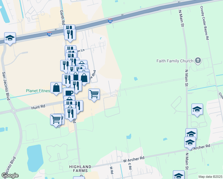 map of restaurants, bars, coffee shops, grocery stores, and more near 770 Hunt Road in Baytown