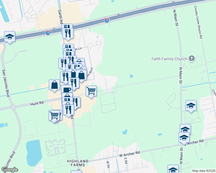 map of restaurants, bars, coffee shops, grocery stores, and more near 800 Hunt Road in Baytown