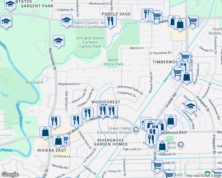map of restaurants, bars, coffee shops, grocery stores, and more near 13103 Sherwood Oaks Drive in Houston