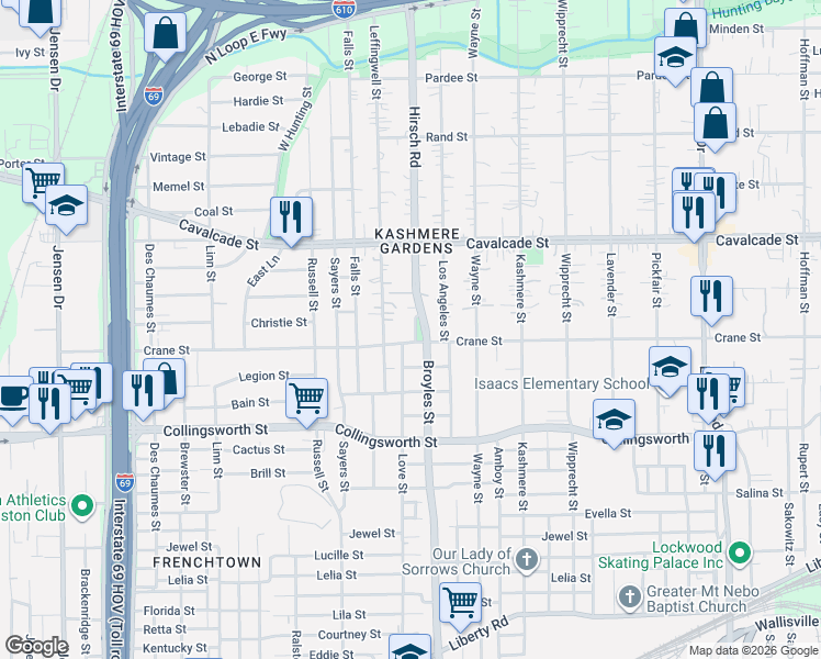 map of restaurants, bars, coffee shops, grocery stores, and more near 4217 Crane Street in Houston