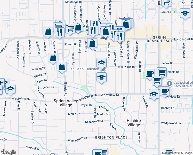 map of restaurants, bars, coffee shops, grocery stores, and more near 1543 Moritz Park Drive in Houston