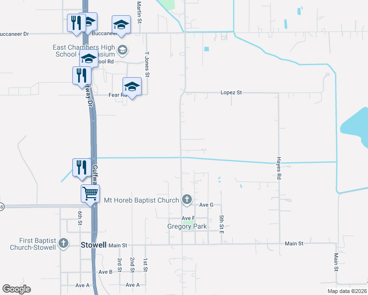 map of restaurants, bars, coffee shops, grocery stores, and more near 503 McDaniel South in Stowell