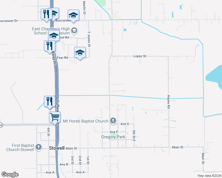 map of restaurants, bars, coffee shops, grocery stores, and more near 503 South McDaniel Street in Stowell