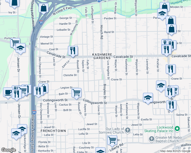 map of restaurants, bars, coffee shops, grocery stores, and more near 4018 Leffingwell Street in Houston