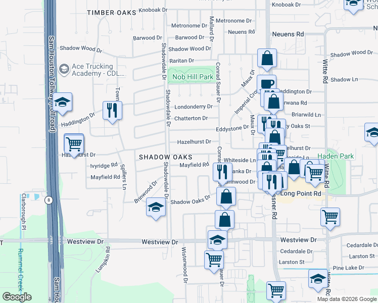 map of restaurants, bars, coffee shops, grocery stores, and more near 10234 Ivyridge Road in Houston