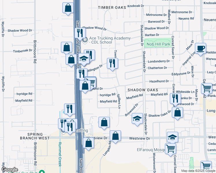 map of restaurants, bars, coffee shops, grocery stores, and more near 10604 Hazelhurst Drive in Houston