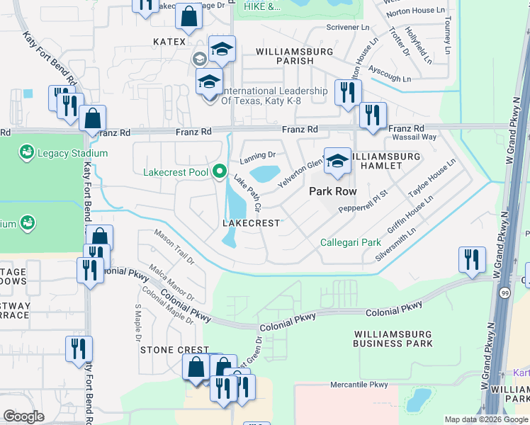 map of restaurants, bars, coffee shops, grocery stores, and more near 24427 Goodwin Drive in Katy