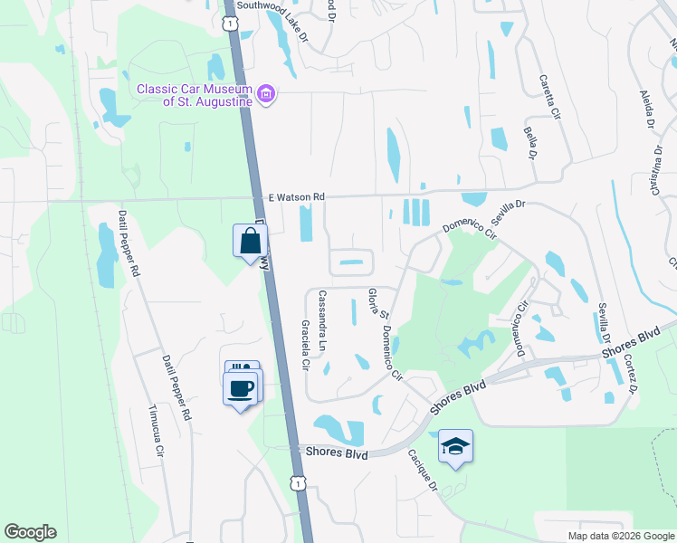 map of restaurants, bars, coffee shops, grocery stores, and more near 184 King Arthur Court in St. Augustine