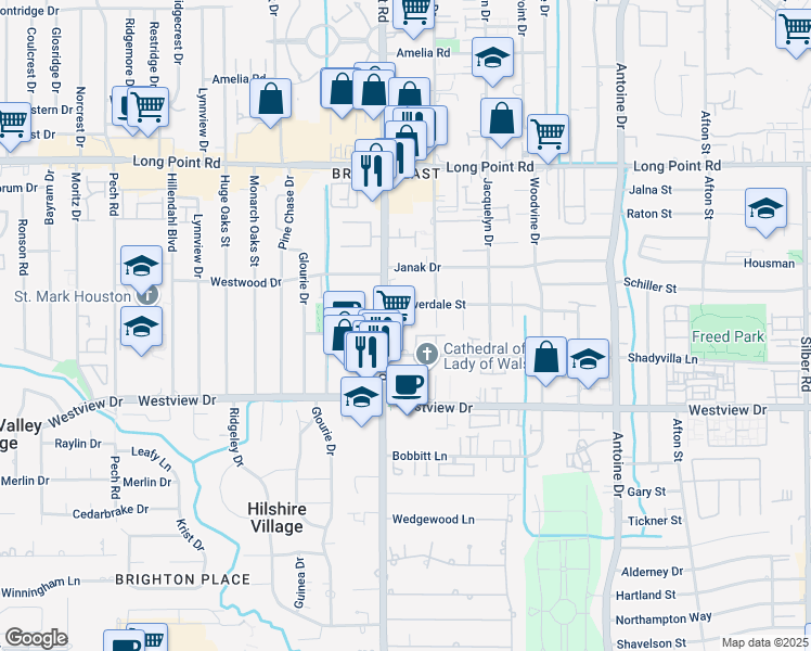 map of restaurants, bars, coffee shops, grocery stores, and more near 1503 Baggett Lane in Houston