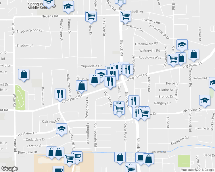 map of restaurants, bars, coffee shops, grocery stores, and more near 9550 Long Point Road in Houston