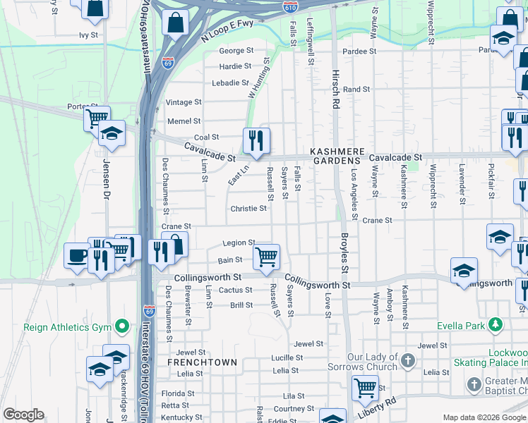 map of restaurants, bars, coffee shops, grocery stores, and more near 3840 Christie Street in Houston