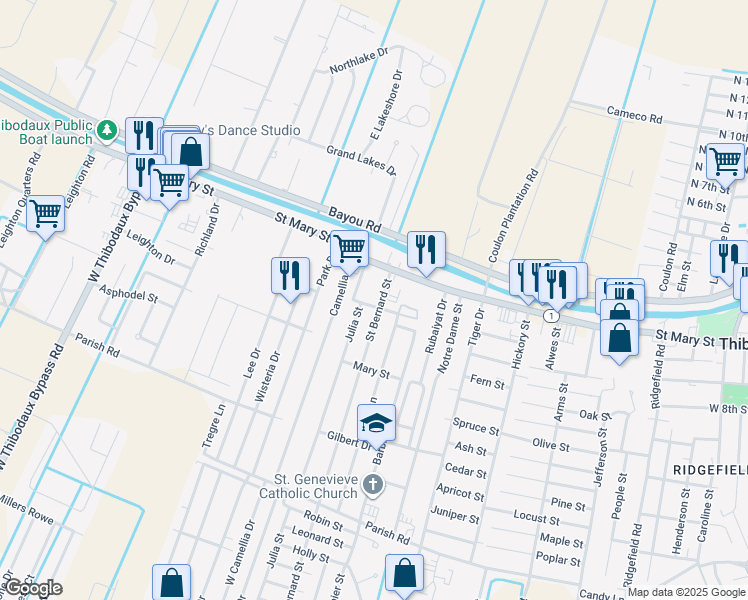 map of restaurants, bars, coffee shops, grocery stores, and more near 111 Julia Street in Thibodaux