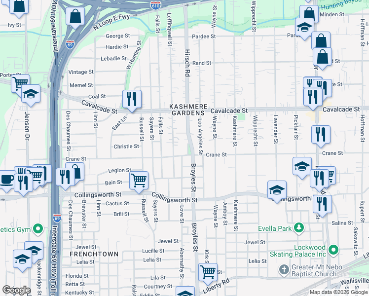 map of restaurants, bars, coffee shops, grocery stores, and more near 4217 Crane Street in Houston