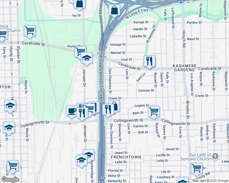map of restaurants, bars, coffee shops, grocery stores, and more near 3602 Des Chaumes Street in Houston