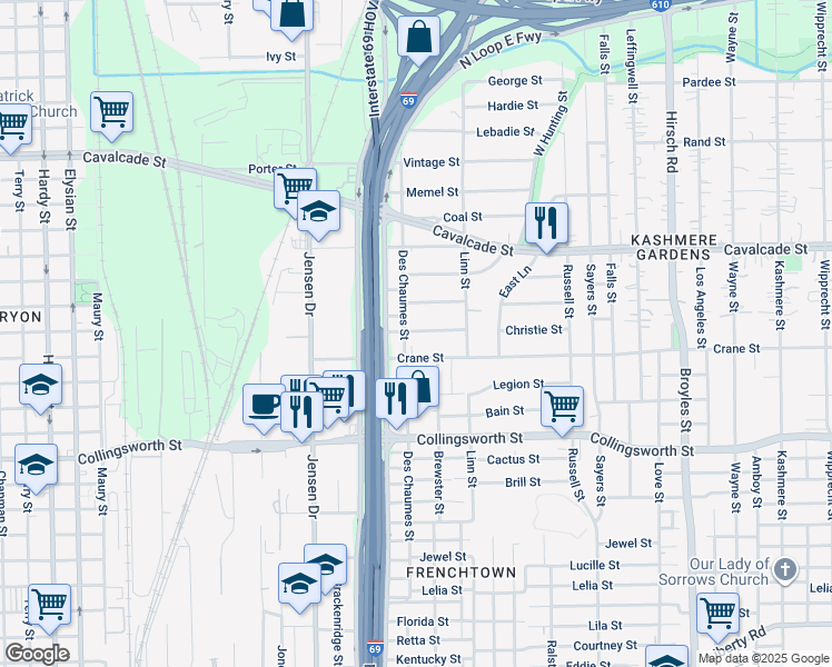 map of restaurants, bars, coffee shops, grocery stores, and more near 3602 Des Chaumes Street in Houston