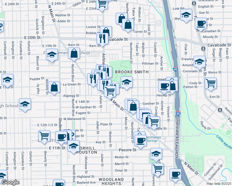map of restaurants, bars, coffee shops, grocery stores, and more near 4412 Edsee Street in Houston