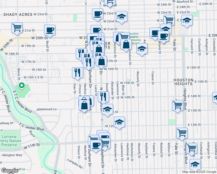 map of restaurants, bars, coffee shops, grocery stores, and more near 1438 Dorothy Street in Houston