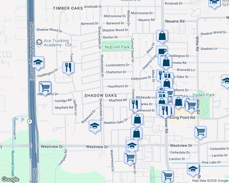 map of restaurants, bars, coffee shops, grocery stores, and more near 10234 Ivyridge Road in Houston