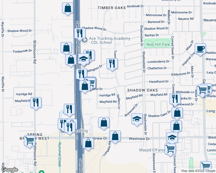 map of restaurants, bars, coffee shops, grocery stores, and more near 10604 Hazelhurst Drive in Houston