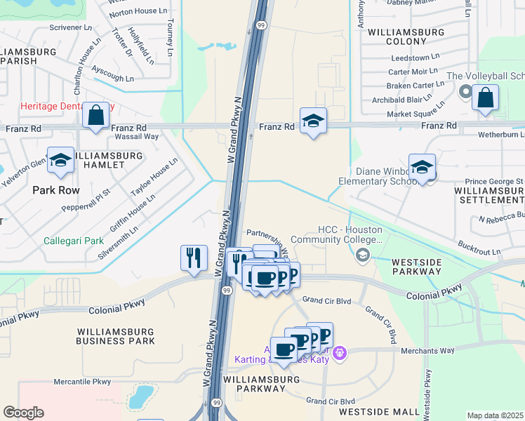 map of restaurants, bars, coffee shops, grocery stores, and more near Grand Parkway in Katy