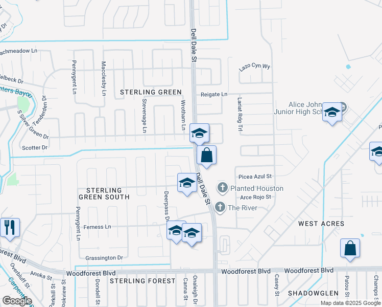 map of restaurants, bars, coffee shops, grocery stores, and more near 15427 Buckeye Brook Way in Channelview