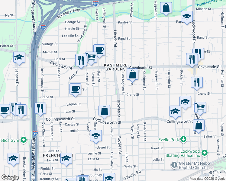 map of restaurants, bars, coffee shops, grocery stores, and more near 4217 Crane Street in Houston