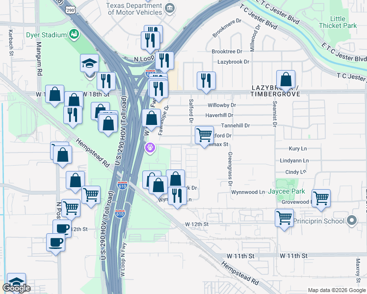 map of restaurants, bars, coffee shops, grocery stores, and more near 2717 Minimax Drive in Houston