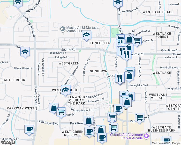 map of restaurants, bars, coffee shops, grocery stores, and more near 20043 Little Bighorn Drive in Katy