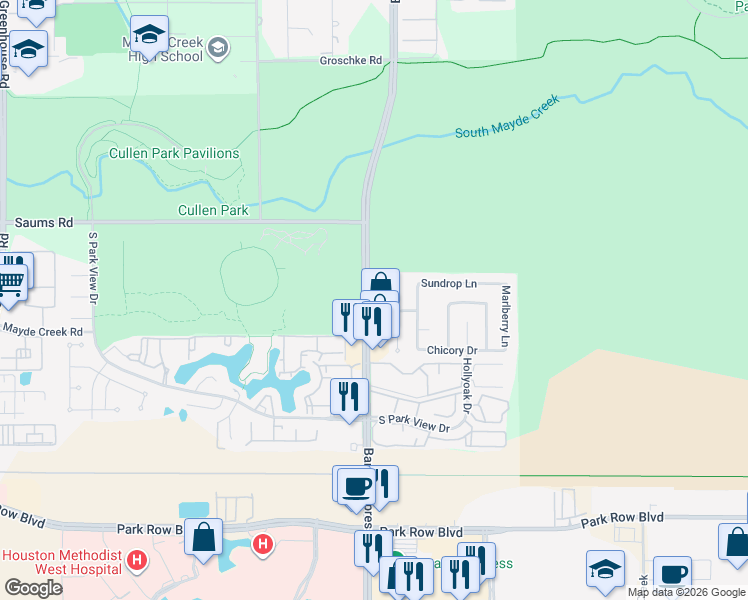 map of restaurants, bars, coffee shops, grocery stores, and more near 2007 Waterelm Drive in Houston