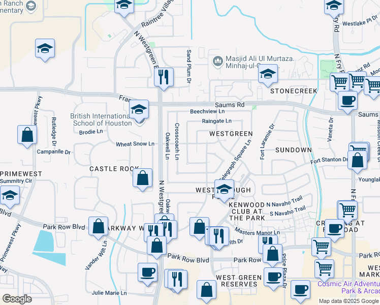 map of restaurants, bars, coffee shops, grocery stores, and more near 2022 Wheathall Camp Lane in Katy