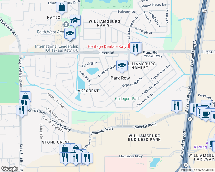 map of restaurants, bars, coffee shops, grocery stores, and more near 24327 Travis House Lane in Katy
