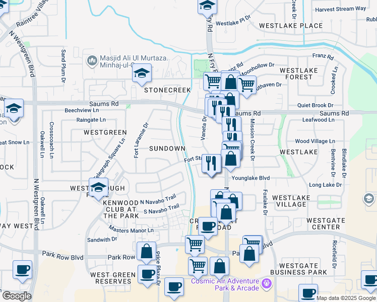 map of restaurants, bars, coffee shops, grocery stores, and more near 19955 Salt River Ct in Katy
