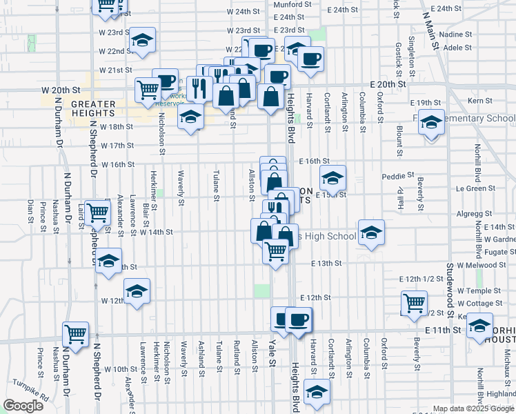 map of restaurants, bars, coffee shops, grocery stores, and more near 1434 Allston Street in Houston