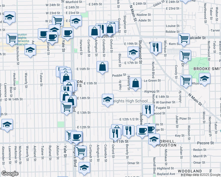 map of restaurants, bars, coffee shops, grocery stores, and more near 1423 Oxford Street in Houston