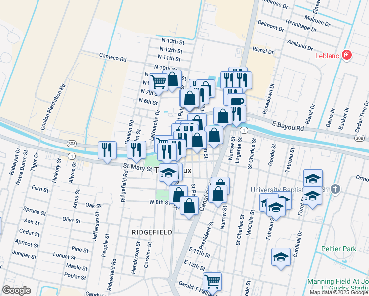 map of restaurants, bars, coffee shops, grocery stores, and more near 700 West 3rd Street in Thibodaux