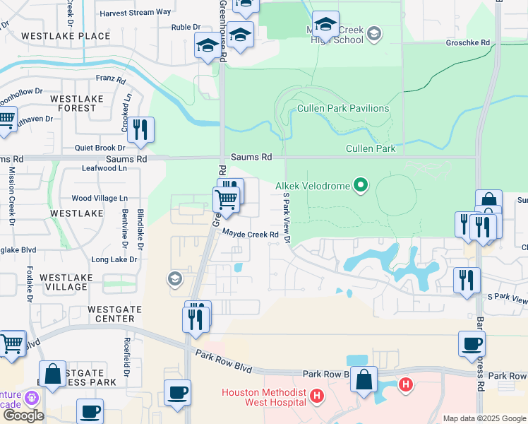 map of restaurants, bars, coffee shops, grocery stores, and more near 18823 Park Key Cir in Houston