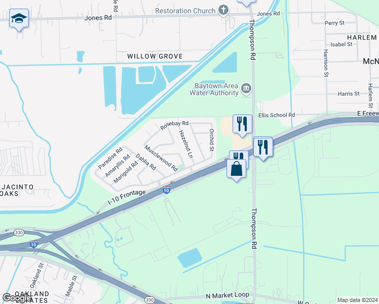 map of restaurants, bars, coffee shops, grocery stores, and more near 6922 Hazelnut Lane in Baytown