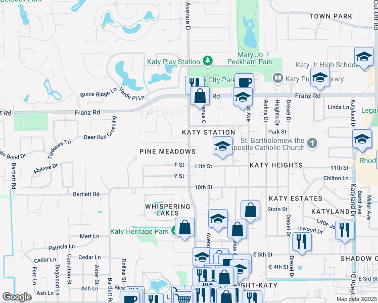 map of restaurants, bars, coffee shops, grocery stores, and more near Katy Hockley Road in Katy