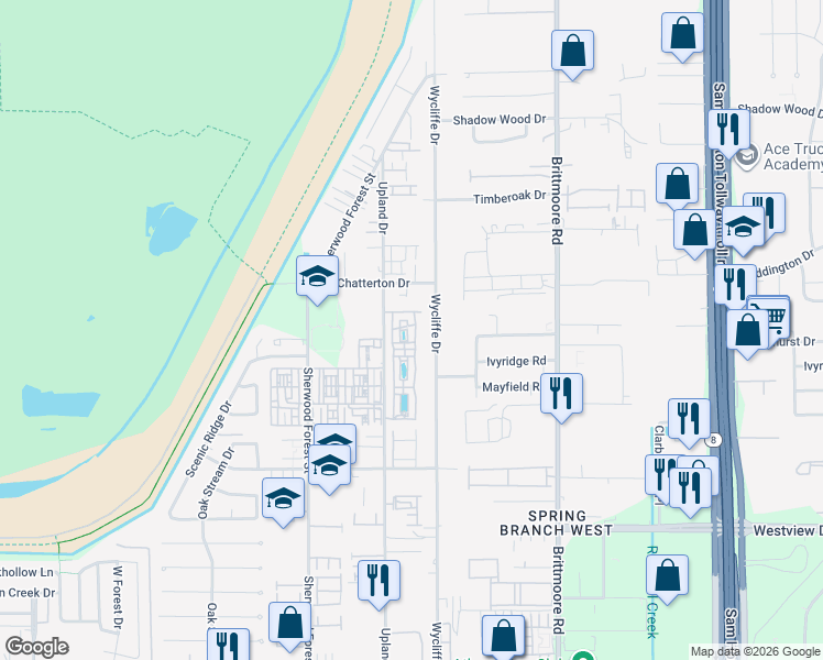 map of restaurants, bars, coffee shops, grocery stores, and more near 1823 Wrenwood Lakes Drive in Houston