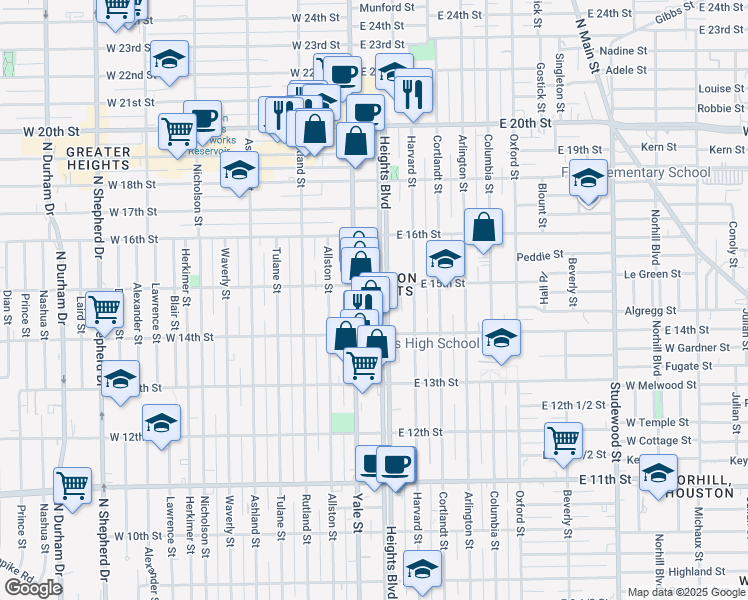 map of restaurants, bars, coffee shops, grocery stores, and more near 1435 Heights Boulevard in Houston