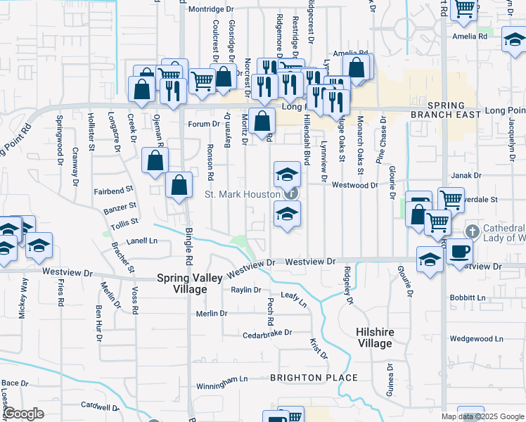 map of restaurants, bars, coffee shops, grocery stores, and more near 1543 Moritz Park Drive in Houston