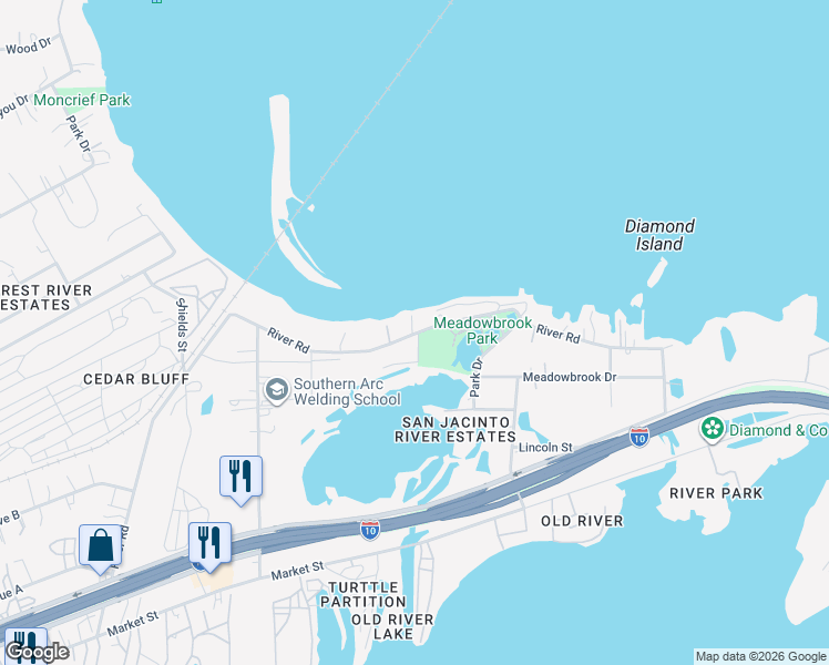map of restaurants, bars, coffee shops, grocery stores, and more near 17321 River Road in Channelview