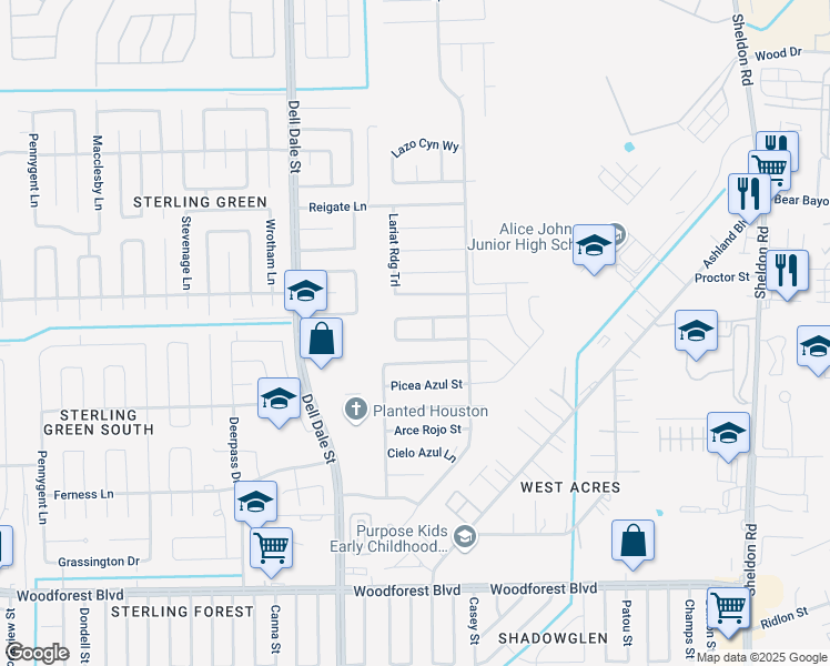 map of restaurants, bars, coffee shops, grocery stores, and more near 15427 Bosque Viejo Trail in Channelview