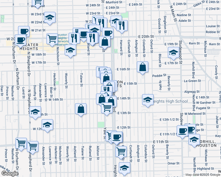 map of restaurants, bars, coffee shops, grocery stores, and more near 1435 Heights Boulevard in Houston