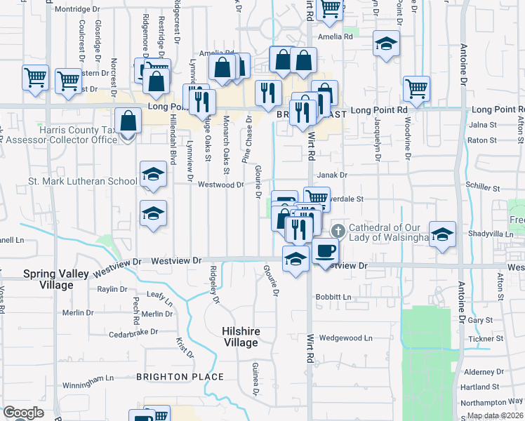 map of restaurants, bars, coffee shops, grocery stores, and more near 1508 Glourie Drive in Houston