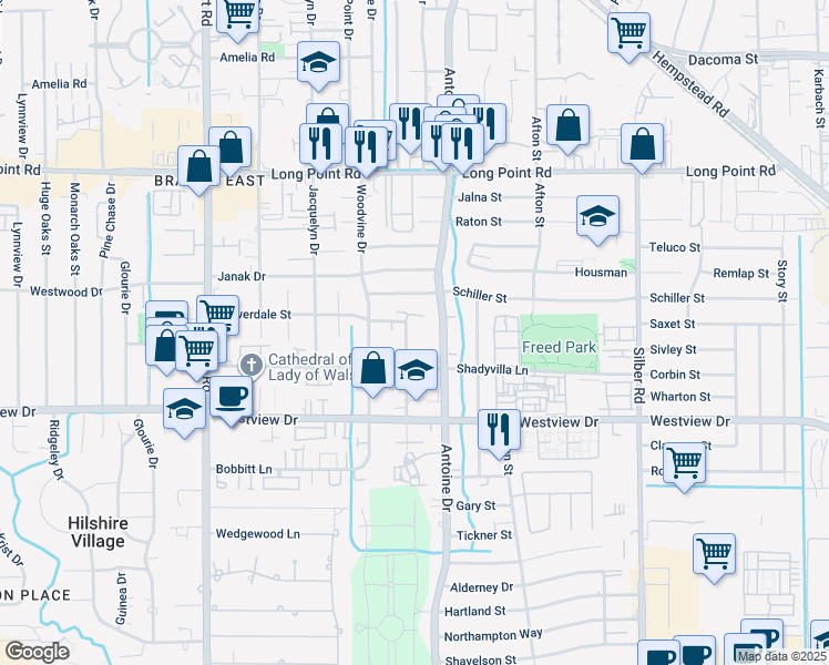 map of restaurants, bars, coffee shops, grocery stores, and more near 1518 Whispering Pines Drive in Houston