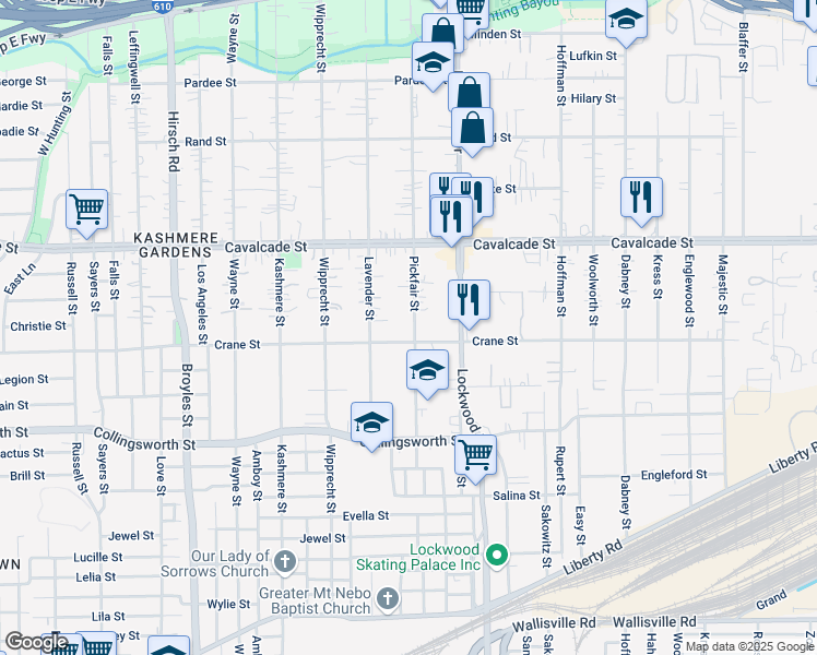 map of restaurants, bars, coffee shops, grocery stores, and more near 4007 Pickfair Street in Houston